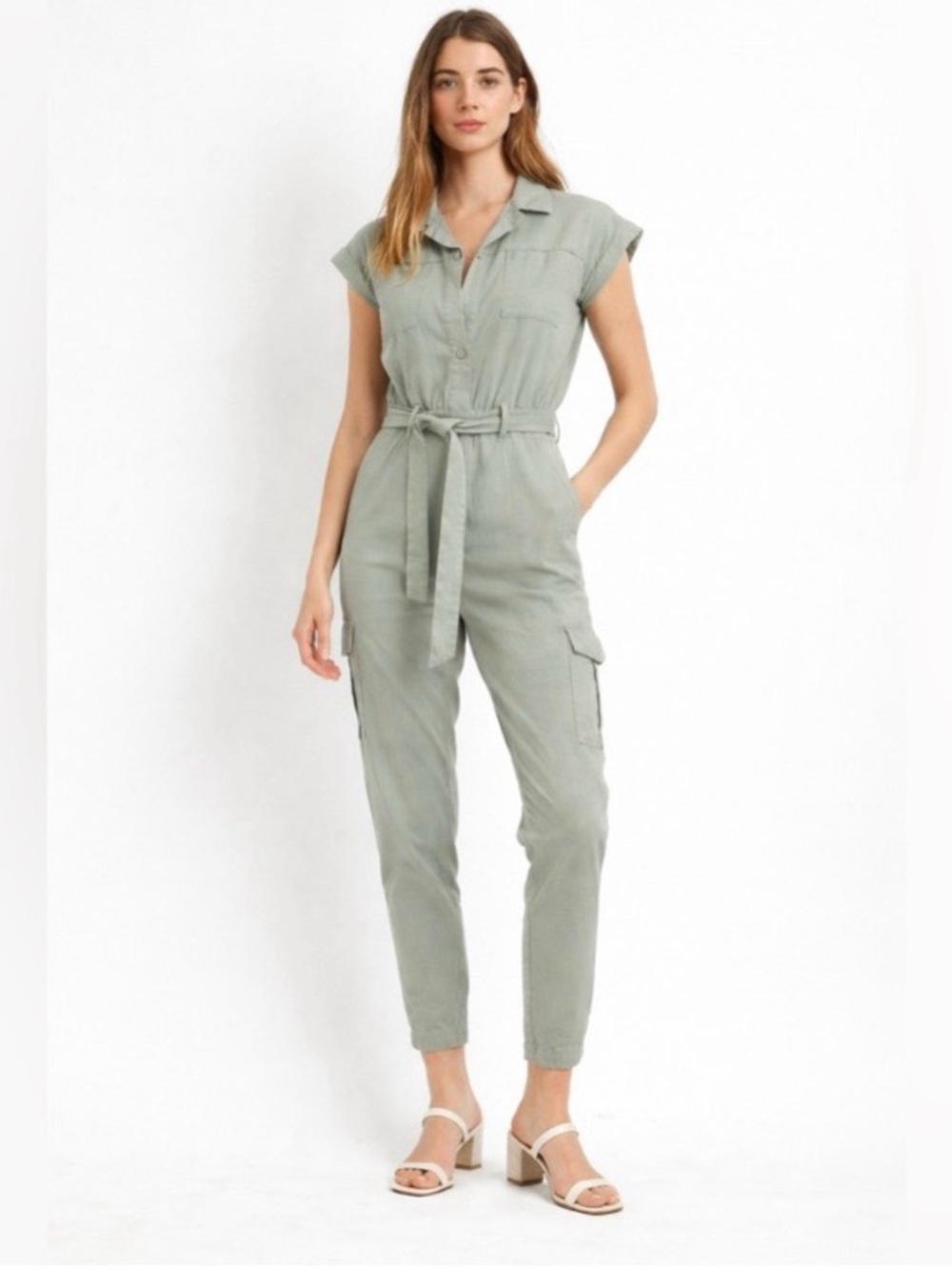 Japna Light Sage Green Utility Jumpsuit